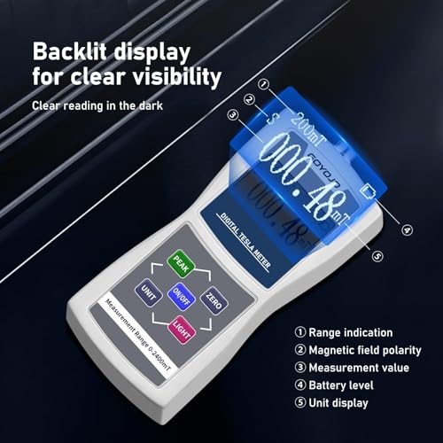 GOYOJO digital gauss meter for DC magnetic field measurement, white handheld EMF meter with display and probe