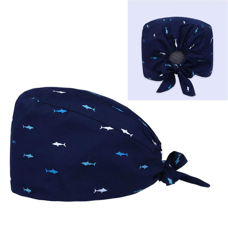 TENDYCOCO Printed Surgical Cap Made of Breathable Cotton Blend with Sweat Absorption and Shark Pattern for Doctors and Nurses Adjustable Surgical Cap for Hairdressers