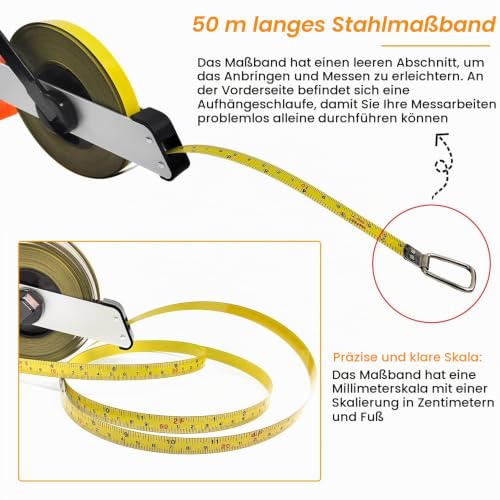 50M Steel Tape Measure with Ergonomic Handle | Langes 50-m-Stahlband mit gut greifbarem Gehäuse für Streckenmessungen auf Baustellen, im Garten und bei Außenarbeiten.