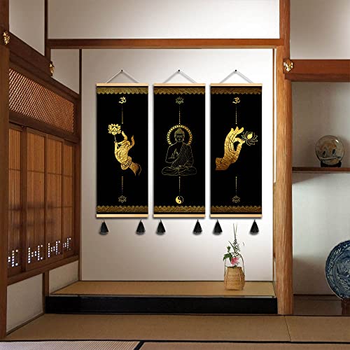 MBOUFOEY 3Pcs Buddhism Zen Art Buddha Hand Gestures Gold Black Canvas Wall Art Yoga Print Poster Wood Scroll Frame with Tassel Painting Home Decor Artwork Ready To Hang (40x105cm 3pcs) 40x105cm 3pcs