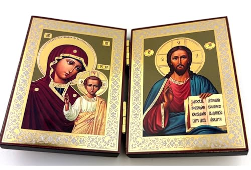 Needzo Christ The Teacher and Madonna and Child Virgin of Kazan Orthodox Catholic Icon Diptych 5 Inch Wide, Religious Gift For Woman Men, Gold Foil