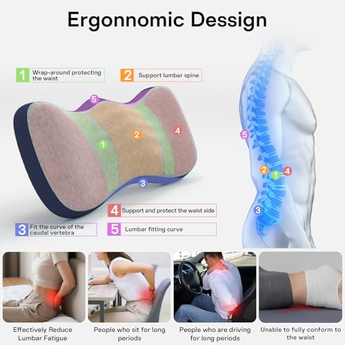 Lumbar Support Pillow for Bed, Memory Foam Pillows for Back Pain Relief, Lower Back Pain Relief Pillow for Sleeping, Adjustable Lumbar Pillow for Sleeping, Bed, Car, Couch (Grey - Navy Blue) Grey - Navy Blue