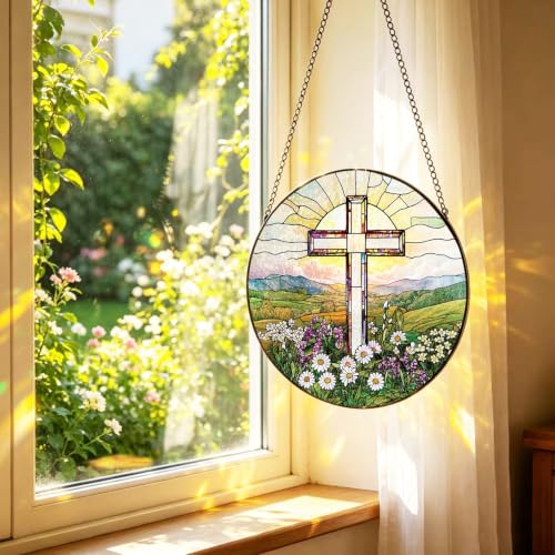 Cross Decor Suncatcher, Christian Stained Glass Window Hanging, 8 Inch Cross Wildflowers Sun Catchers Indoor Window Decorations, Suncatchers for Windows Hanging, Religious Home Decor Cross Stained Glass