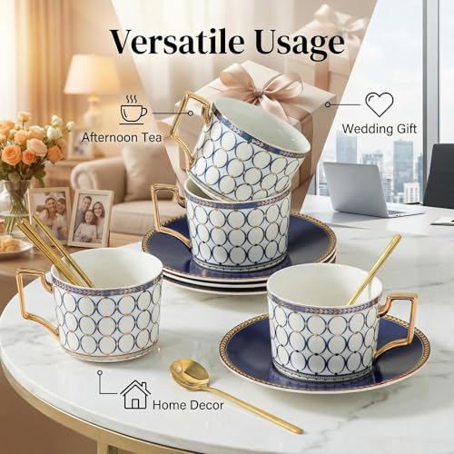 CwlwGO-Bone China Cups & Saucers Set 2, (7 oz) with Gold Spoon and Gifts Box, White Tea Cups Sets, Cappuccino Cups, Ceramic British Coffee Cup Set. blue white-2