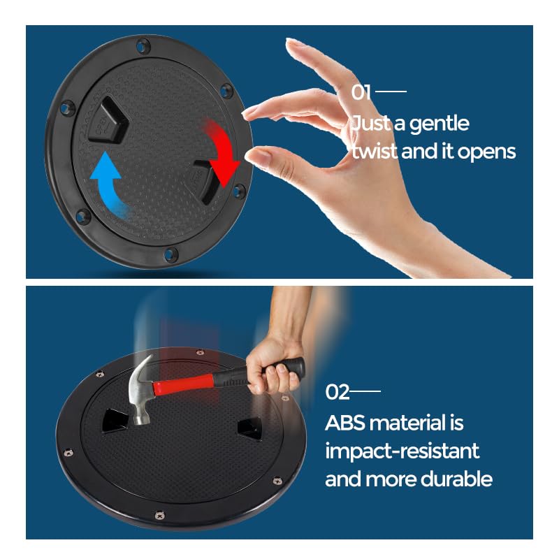 Boat-Ready Black Round Non-Slip Inspection Hatches - Sizes 4", 6", 8" with Detachable Cover - ABS Plastic Screw Out Access Hatch Cover for Kayak, Yacht, Marine Accessories Black 6 inch