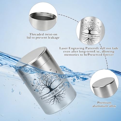 8 Sets 2.76'' Small Urns for Human Ashes Silver Black Aluminum Cremation Keepsake Funeral Urn with Memorial Cards and Velvet Bag Sets Sharing for Family Pet Ash (Tree of Life)
