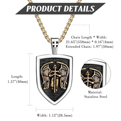 St Michael Necklace for Men, Stainless Steel Silver Gold - Archangel Amulet