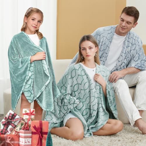 Bcareself Double-Sided Wearable Blanket Ultra Soft Flannel Shawl Blanket, Reversible Blanket,with Pockets, for Women and Men Modern Forest Green