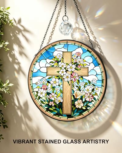 Stained Glass Cross Sun Catcher,Christian Gift(Cross Blue,7.8in) Cross Blue 7.8x7.8 IN