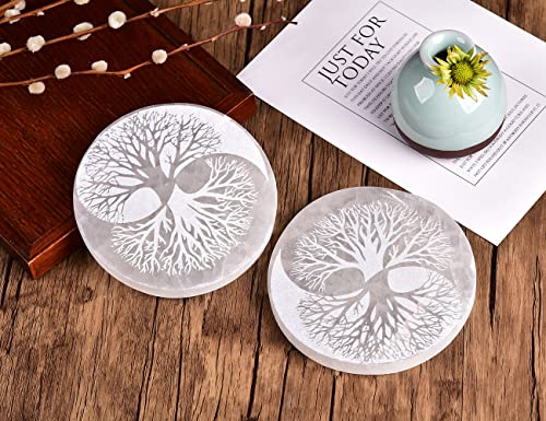 JIC Gem 5" Tree of Life Etched Selenite Charging Plate Round Engraved Selenite Slab Large Healing Crystal Charging Station Tree of Life-5"