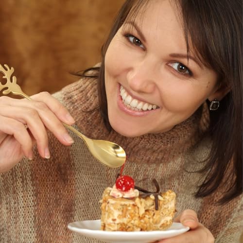 6 PCS Gold Christmas Elk Deer Head Shape Stainless Steel Dessert Spoons (Pack of 2) 6 inch (Pack of 2)