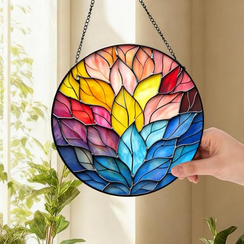 Stained Glass Lotus Suncatcher - 7.9" Real Glass Rainbow Leaf Window Hanging, Weatherproof Boho Zen Decor, Chakra Healing Yoga Meditation Gift for Mom Women Spiritual Friends Ivory