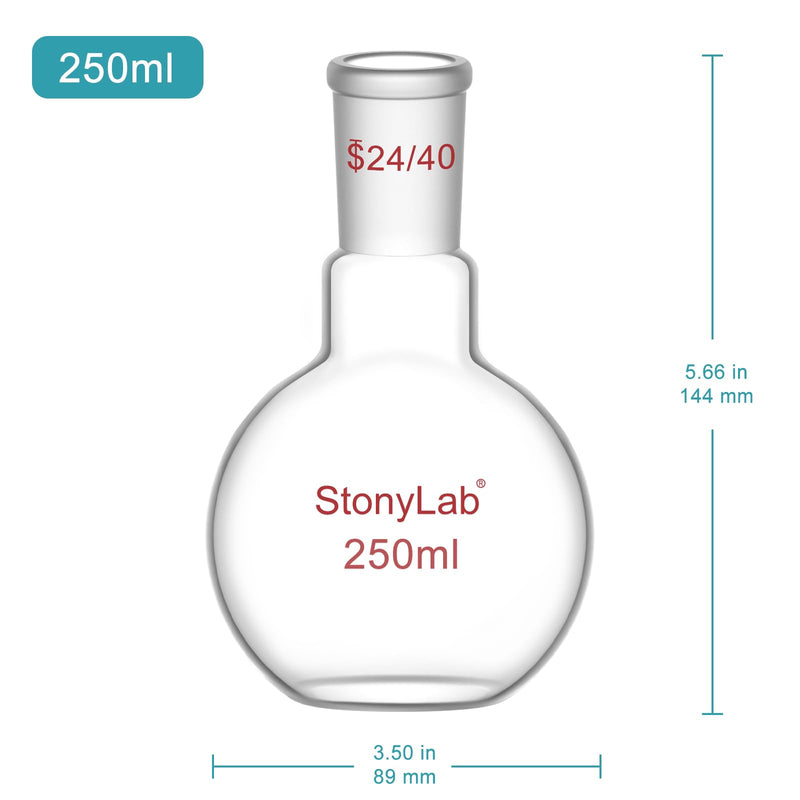 StonyLab Borosilicate Glass Heavy Wall Single Neck Flat Bottom Boiling Flask, with 24/40 Standard Taper Outer Joint, 250ml 250 mL