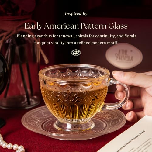 Vintage Glass Tea Cup and Saucer Set, 12 oz Large Coffee Cup Classic Frosted White Round