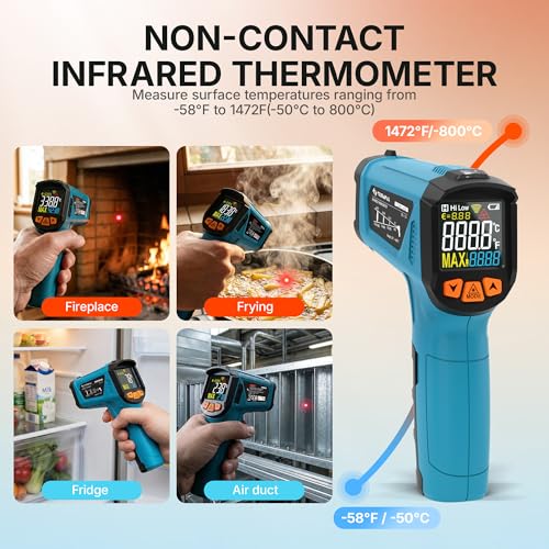 Tilswall Infrared Thermometer 50~800°C IR Digital Laser Temperature Meter | Adjustable Emissivity, LCD Display, for Cooking/Barbecue/Pizza Oven/Freezer/Industry, Not for People-W300 blue l