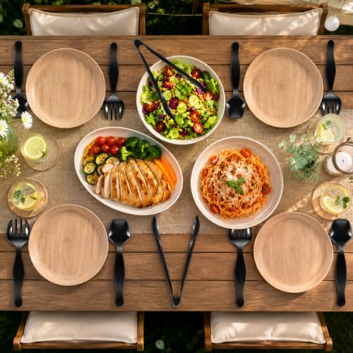 Set of 45 black plastic serving utensils including tongs and spoons for buffet use, disposable and suitable for food service.