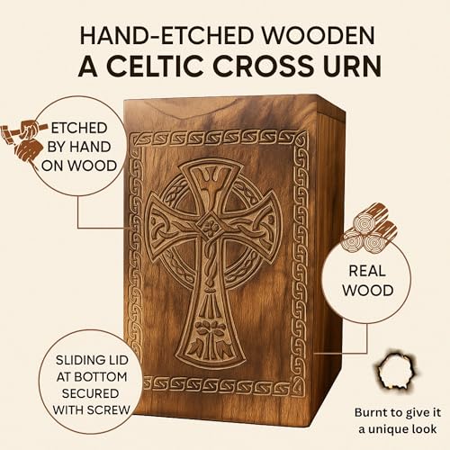 Hashcart Celtic Cross Wooden Cremation Urn for Human Ashes, 45 Lbs