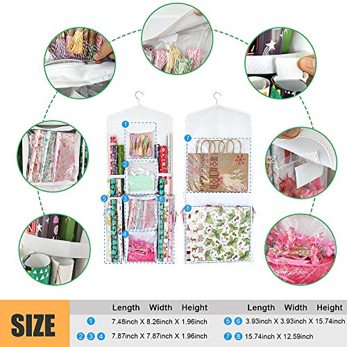 White SumDirect double-sided gift wrap organizer with hanging pockets for storing wrapping paper and gift bags.