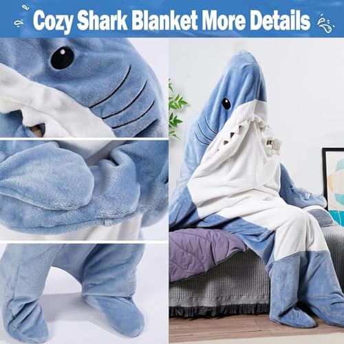 DDMY Shark Blanket Cozy Blanket Hoodie, XL Size Flannel Shark Onesie Wearable Blanket for Adult Cartoon Throw Blankets Shark Sleeping Bag XL-Flannel