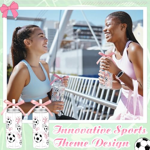 24 Pcs Soccer Plastic Cups with Lids, Straws, and Pink Ribbon, 13.5 oz Pink Bow Sports Theme Party Clear Drinking Cups Reusable Tumblers for Birthday Sports Party Team Gifts