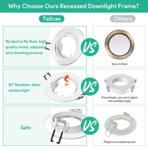 Tailcas Set of 10 Recessed Spotlights GU10 68-80 mm Hole Size Round Matt White | GU10 Recessed Frame 230V incl. GU10 Socket, 30° Swivel Recessed Spotlights and Ceiling Spotlights for LED/Halogen (Bulbs Not Included) Round, Matt White