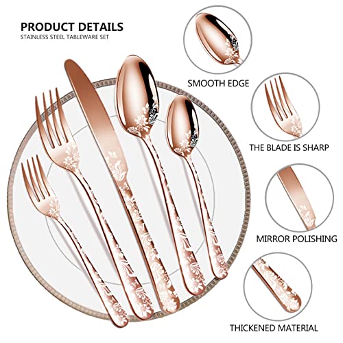 vilihkc 20 piece Unique Pattern Design Silverware Set, Stainless Steel Flatware Set Service for 4, Rose gold Cutlery Set, Mirror Polished Utensil Set for Kitchen, Dishwasher Safe