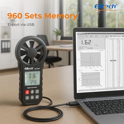 Elitech ANE-200W HVAC anemometer measuring air flow and temperature with Bluetooth display