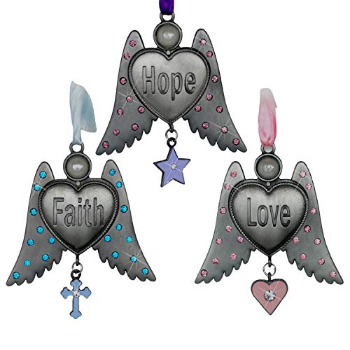 Faith Hope Love Angel Ornaments Set of 3 – Jeweled Angel Christmas Ornaments with Inspirational Hanging Charms – Guardian Angel Keepsakes for Tree, Memorial, Sympathy, Christian Gifts, Holiday Decor