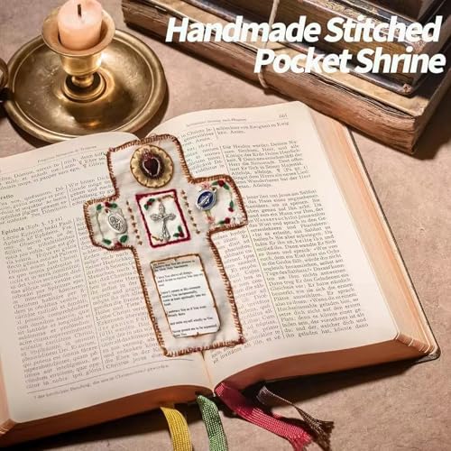 2Pcs Handmade Catholic Pocket Shrine with Silver Cross Inside - Portable Devotional Altar Shrine with Intricate Embroidery Design, Pocket Cross for Prayer, Ideal Religious Gift and Spiritual Keepsake