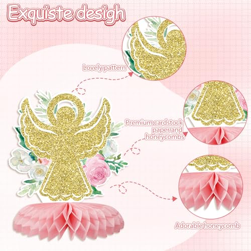 12Pcs Baptism Honeycomb Centerpieces Party Decor,Pink God Bless Cross Religious Baptism Table Centerpieces for Baby Shower First Communion Birthday Party Decorations (pink god) Pink God