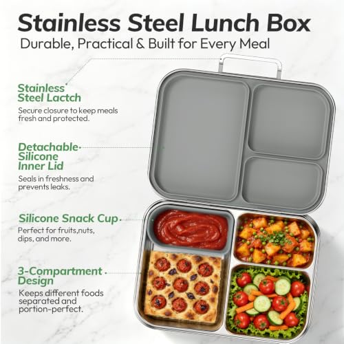Stainless Steel Bento Lunch Box for Kids and Adults,3 Compartment Meal Lunch Box with Detachable Silicone Lid,Leak-Resistant Food Container with Snack Cup for School,BPA-Free(Grey) Gray