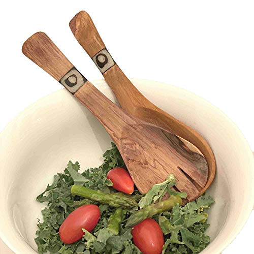 Global Crafts Small 8-inch Olive Wood Kenyan Salad Servers with Bone Inlay, Set of 2 (KWF009I)