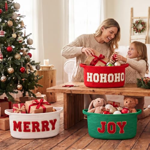 Fumete 3-piece Christmas basket set with woven chenille rope for ornament storage, featuring empty woven storage baskets.