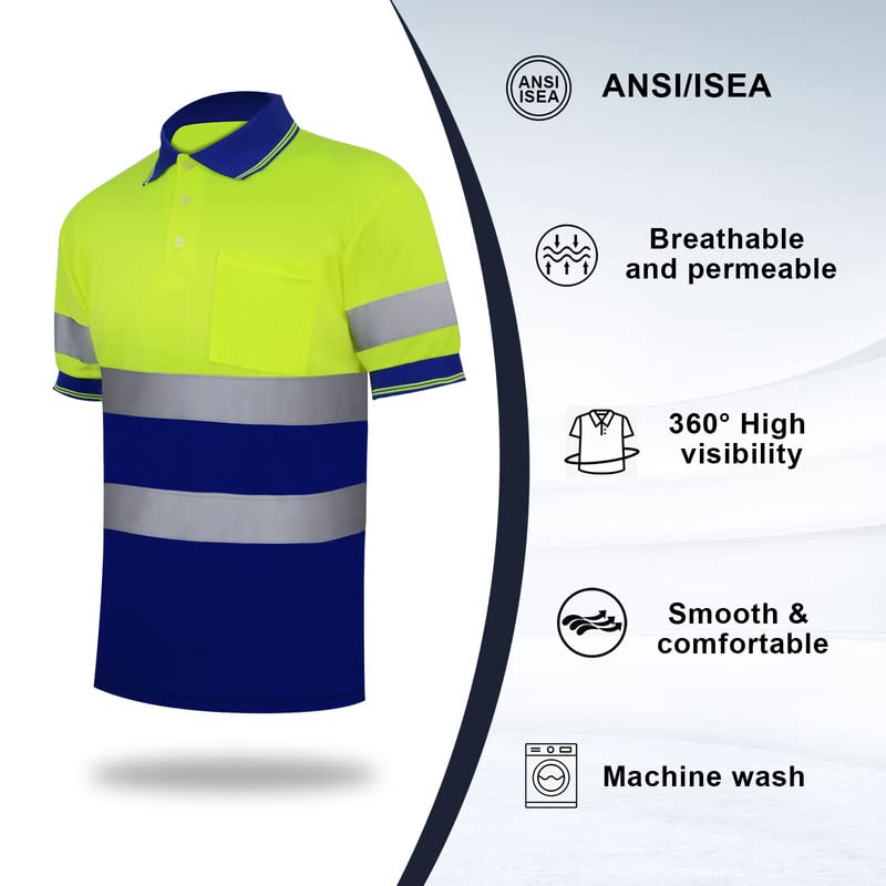 ZUJA Safety Hi Vis Polo Shirts Short Sleeve with Bright Visibility Tape Moisture Wicking Shirts Mens Construction Protective Workwear (Yellow&Blue,3XL)