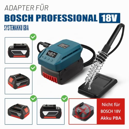 Cordless Soldering Iron Set for Bosch Professional 18 V System GBA Battery, 60 W LCD Adjustable Temperature 180-480 °C, with On/Off Switch, Suction Rod, 50 g Soldering Wire, Soldering Iron Stand for Electrical Work For Bosch GBA