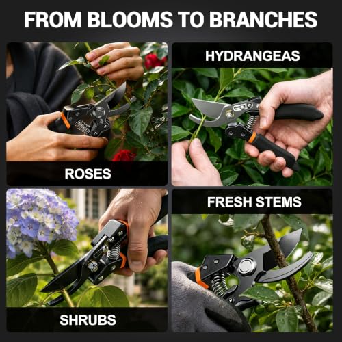 DECERK bypass pruning shears with orange cushioned foam grips for arthritic hands