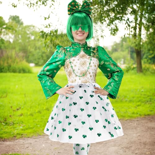 Mumufy 7 Pcs St. Patrick's Day Outfits Leprechaun Costume Accessories for Women Tutu Skirt Green Wig Headband Glasses Socks Green and White Elegant