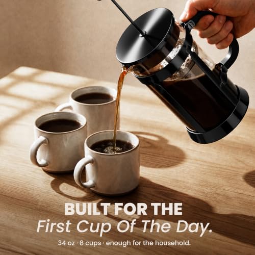 EzDtach French Press Coffee Maker 34oz Black – Borosilicate Glass Pot