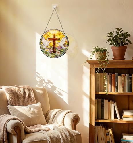 OrbitShell Stained Glass Cross Suncatcher - 8 Inch Peace Dove Window Hanging, Decorative Wall Crosses for Easter, Baptism, First Communion, Christmas, Religious Christian Gifts for Women, Mom, Grandma Cross & Dove