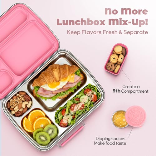 Stainless Steel Bento Box for Kids, Kids Lunch Box with 4-Compartment, Metal Lunch Box with Silicone Container & Sauce Cup, Durable Lunch Box Containers for School and Office (Pink) Pink