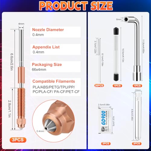 3 Pcs 0.4mm Quick-Swap K1C Nozzle Kit for Creality K1, 3D Printer Nozzle with Copper Alloy and Hardened Steel, 30 Pieces Cleaning Needles Wrench for Creality K1C/K1/K1 Max/Ender 3V3 3D Printer