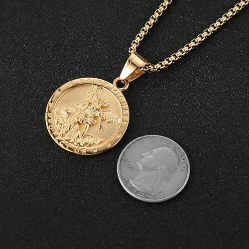 AsAlways St Michael Pendant for Men, with 22"+2" Rolo Chain Gold