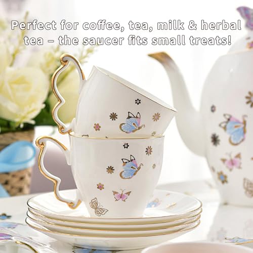 Butterfly Cup and Saucer Set, Bone China Tea Cup and Saucer with Spoon, Porcelain Coffee Mug with Gold Trim, Dishwasher Safe, Gift for Women, Mom, Friends, 6.8 oz