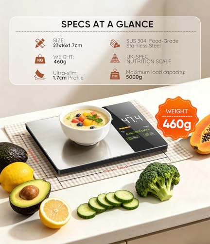 Smart Food Scale with Nutritional Calculator with 23 Nutrients Tracking&LED Display,Bluetooth Sync to Fitdays+ App,Stainless Steel,5KG Capacity,Calorie Counting for Calorie Control&Fitness Goal,Silver Silver