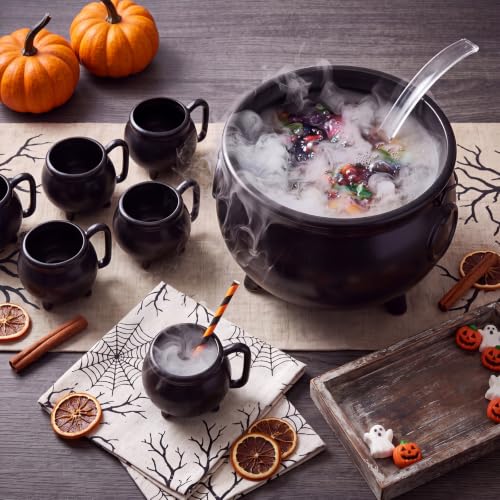 8 Pcs Halloween Cauldron Punch Bowl Set, 12.6 Inch Witch Cauldron Candy Bowl with Ladle and 6 Mini Black Cups, Plastic Trick or Treat Candy Holder for Halloween St. Patrick's Day Party