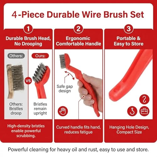 Set of 4 Stainless Steel Brushes, Wire Brushes, Small Metal Brush for Rust