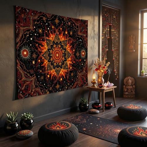 Spenlife Celestial Sunburst Tapestry, Fire Mandala Tapestries for Bedroom, Boho Wall Decor, Cosmic Tapestries (80" x 60") 80"L x 60"W Black Orange
