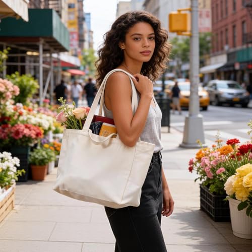 Canvas Grocery Bags Canvas Tote Bag with Long Shoulder Strap and Short Handle Heavy Duty, Foldable, Washable 10 Pack