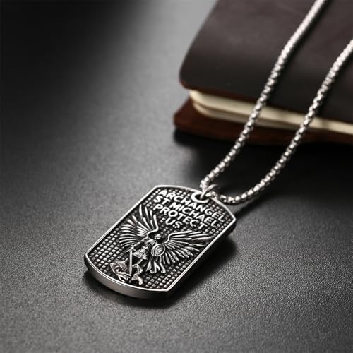 Oidea Men's Saint Michael Necklace: Double-sided Stainless Steel St Michael The Archangel Pendant Necklaces for Men Women Religious Catholic Amulet Jewelry Gifts Silver