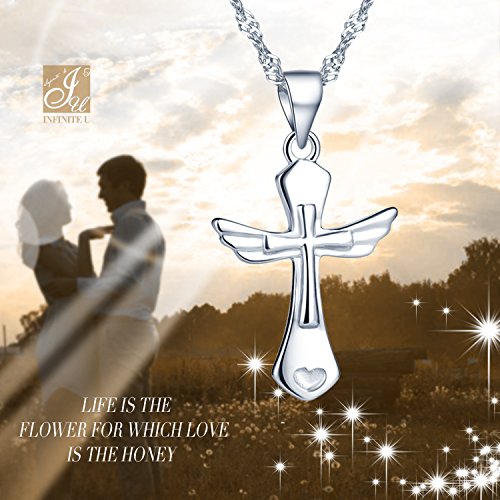 Infinite U Classic Girls/Women Angel Wings Cross Pendant Necklace made of 925 Sterling Silver (with Gift Bag)